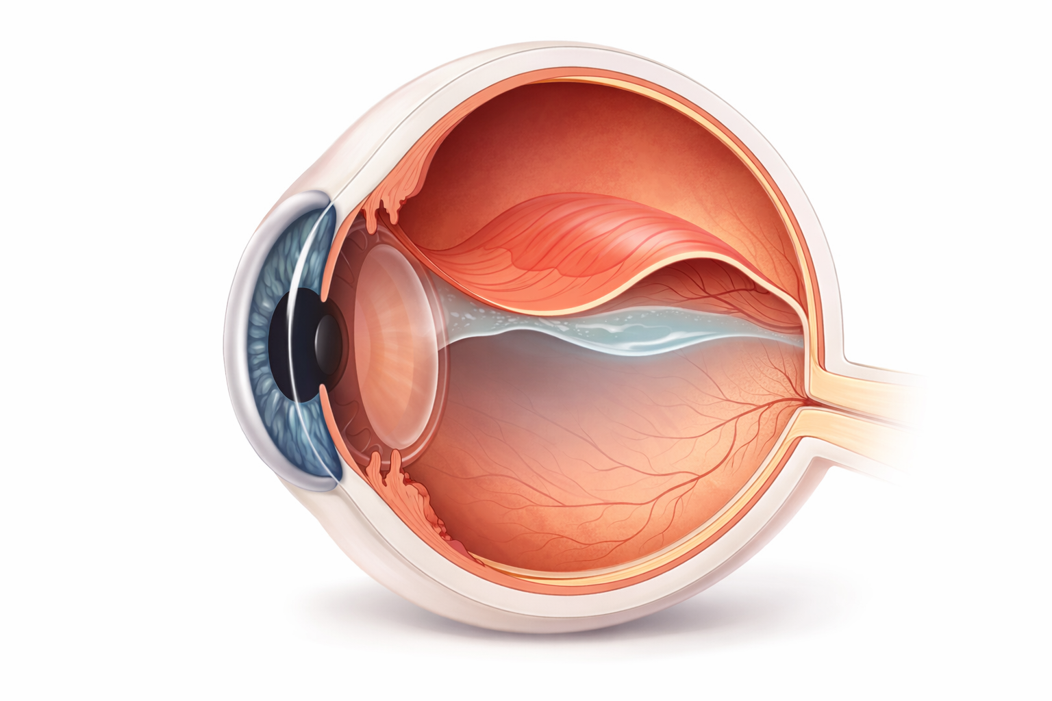 Esquema de desprendimiento de retina. Separación de la retina de su posición normal en la pared posterior del ojo.