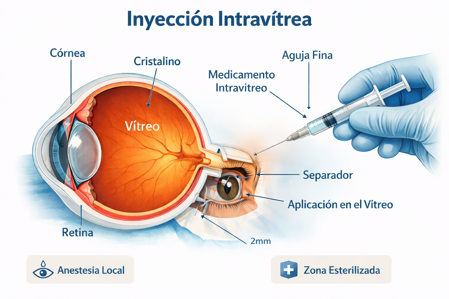 Esquema de inyección intravítrea — administración de medicamento en el ojo