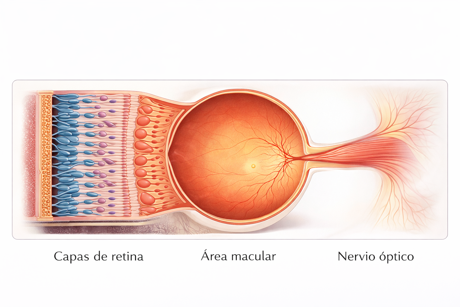 Esquema anatómico de la retina: capas retinianas, mácula y nervio óptico.
