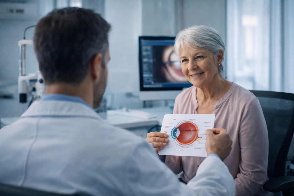 Consulta oftalmológica — médico explicando diagnóstico a paciente — Cirugía de catarata Santiago